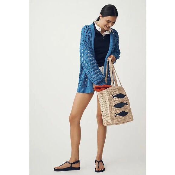 New ANTHROPOLOGIE Farmers Market Raffia Tote - Blue - Picture 1 of 8